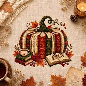 May include: A cross-stitch embroidery design featuring a pumpkin constructed from stacked vintage books in shades of red, green, and gold. The design includes an open book with spectacles, a small teacup, and scattered autumn leaves and berries.