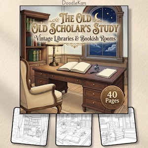 May include: A coloring book titled The Old Scholar's Study Vintage Libraries & Bookish Rooms with 40 pages. The cover features a colored illustration of a wooden desk, an armchair, a bookshelf, and a window, with three black and white line art samples.