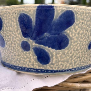 May include: A round ceramic bowl featuring a textured, off-white speckled surface decorated with hand-painted deep blue floral motifs. The bowl has a wide, open top and a smooth, slightly curved rim, showcasing a distinct contrast between the dark blue petals and the light, bumpy base texture.