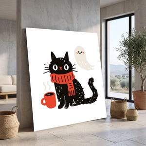 Cozy Black Cat with Scarf and Hot Coffee, Halloween Ghost Canvas, Whimsical Pet Wall Art, Fun Autumn Decor, Ready to Hang Canvas