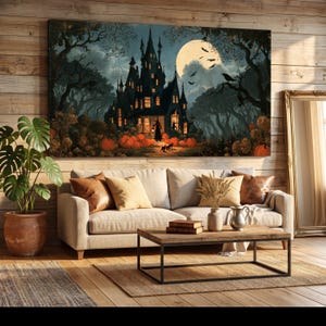 May include: A rectangular wall art print depicting a dark, multi-storey gothic mansion at night under a large full moon. The scene features a silhouette of a witch, orange pumpkins in the foreground, bare trees, and flying bats in a cloudy sky.