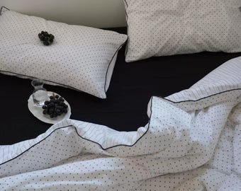 Omkeerbare zwart-witte katoenen beddenset, dekbedovertrek met stippen en strepen, 100% katoenen twill, zwarte bies, 4-delig beddengoed