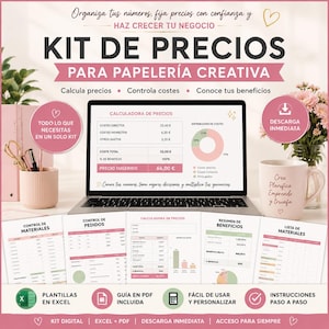 May include: A digital pricing kit for creative stationery businesses displayed on a laptop screen, featuring Excel templates and PDF guides. The interface shows cost calculators, order tracking, and benefit summaries in a pink and white color scheme.