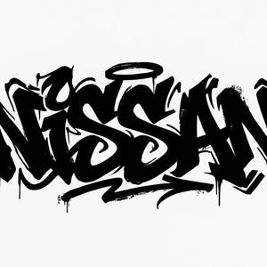 May include: The word NISSAN written in a bold, black graffiti-style font. The lettering features sharp, angular edges, stylised flourishes, and drips of black ink, creating a dynamic and street-art inspired aesthetic against a plain white background.