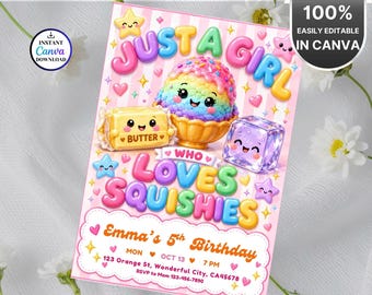 May include: A rectangular birthday invitation card with a pink striped background featuring cartoon illustrations of a rainbow ice cream scoop, a butter block, and a purple ice cube. Text reads: JUST A GIRL WHO LOVES SQUISHIES, Emma's 5th Birthday, and details.