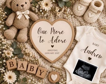 One More to Adore Pregnancy Announcement Template Social Media Reveal Digital Secret Gender Netural Editable Canva Template