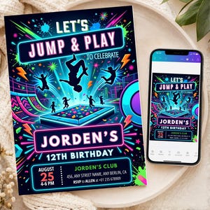 Puede incluir: Una tarjeta de invitación de cumpleaños rectangular con un gráfico estilo neón de niños saltando en un trampolín. El texto dice LET'S JUMP & PLAY TO CELEBRATE JORDEN'S 12TH BIRTHDAY, AUGUST 25, 4-6 PM, JORDEN'S CLUB, 456 ANY STREET NAME, ANY BERLIN, CA.