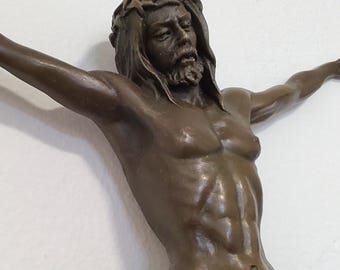 Christ Without the Cross – Solid Bronze Jesus Wall Sculpture, Patinated Corpus Christi, Crucified Christ Sacred Christian Art