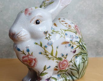 Pocelain Floral Rabbit Figurine with Crackle Glaze, Botanical Bunny Ornament, Cottagecore Spring Decor