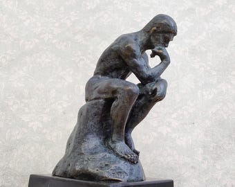 The Thinker Bronze Sculpture After Rodin, Green Patina on Marble Base, Study and Library Decor