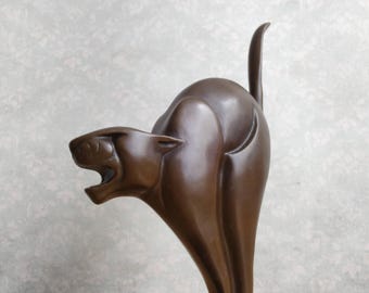 Art Deco Bronze Cat Figurine Sculpture - Chris van der Hoef Statuette on Marble Base