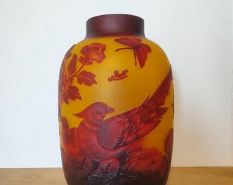 Vintage Gallé Style Art Nouveau Glass Vase with Birds, Flowers and Butterflies, Amber and Burgundy