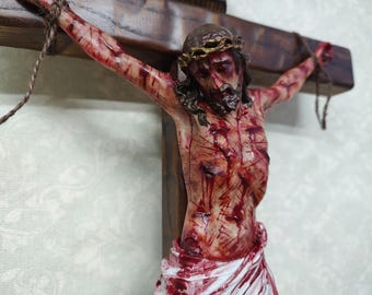 The Passion Crucifix - The Passion of the Christ - Realistic Wounded Jesus on Handmade Cross - Realistic Jesus Figurine - Handmade Crucifix