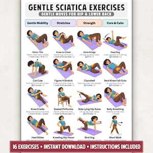 May include: An instructional chart titled GENTLE SCIATICA EXERCISES featuring sixteen illustrations of a person in a teal shirt and brown leggings performing various mobility, stretch, strength, and core exercises on a purple mat.