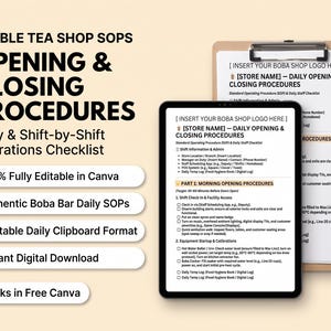 May include: A digital template for bubble tea shop standard operating procedures, featuring a tablet and a clipboard displaying daily opening and closing checklists. The text includes headings like BUBBLE TEA SHOP SOPS and OPENING & CLOSING PROCEDURES.