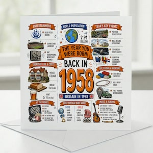 May include: A square greeting card titled The Year You Were Born Back In 1958 Britain In 1958. The design features colorful illustrations and text detailing historical facts, entertainment, world population, popular baby names, and cultural events.