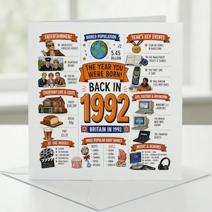 May include: A square greeting card titled The Year You Were Born Back In 1992 Britain In 1992. The card features colorful illustrations and text detailing historical facts, entertainment, world population, costs, and popular baby names from 1992.