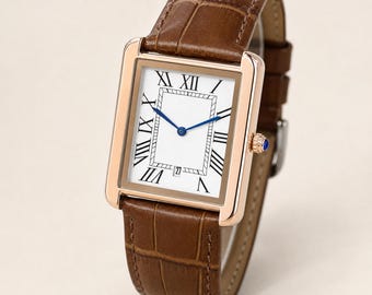 Mens Retro Rectangular Watch, Vintage Style Watch With Roman Numeral Dial, Brown / Black leather strap watch, Gift for Him