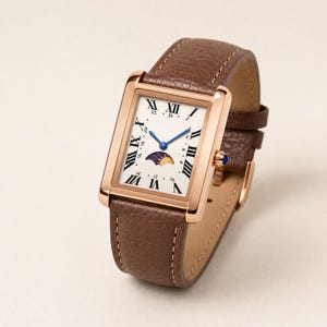 Unisex rektangulär vintageklocka, retrostil med månfas, romerska siffror, brunt läderarmband, roséguldklocka