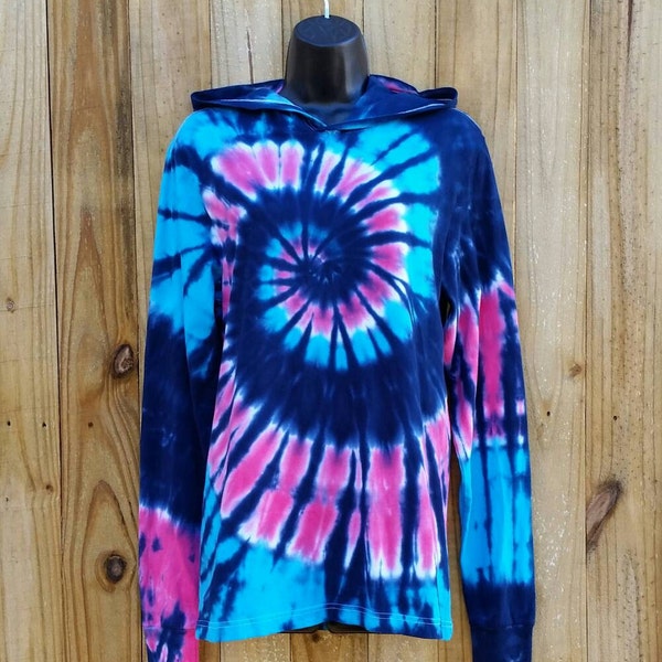 Tie Dye Long Sleeve T-shirt Hoodie, S M L XL 2XL 3XL, Pink Turquoise Navy Tie Dye Spiral, Beach Cover Up, Ladies Tie Dye Shirt, Womens