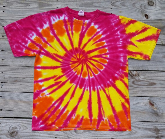 Yellow Pink and Orange Tie Dye Spiral Tshirt, Adult Sizes, S M L