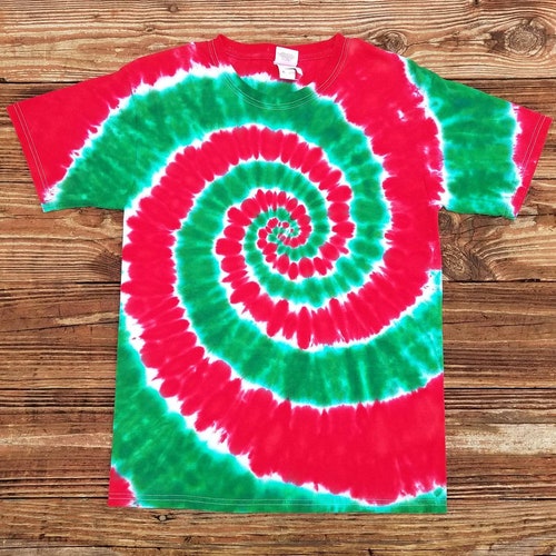 Christmas Tie Dye Shirt, Adult Red and Green Spiral T-shirt, S M L