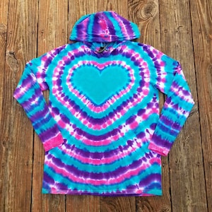 Tie Dye Hoodie, Heart Tie Dye, S M L XL 2XL 3XL, Long Sleeve Tshirt with Hood, Hippie Hoodie, Womens Tie Dye, Pink Jade Purple Tie Dye