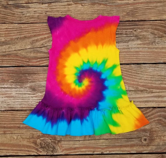 Girls` Rainbow Spiral Tie Dye Dress with Ruffle.