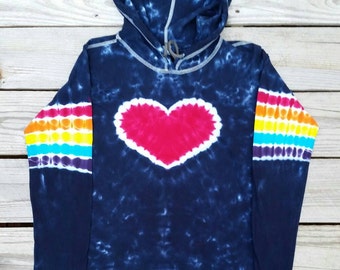 Tie Dye Heart T-shirt Hoodie,  Tie Dye Long Sleeve Tshirt, S M L XL XXL, Women Tie Dye Shirt,  Hippie Hoodie, Rainbow Tie Dye Heart