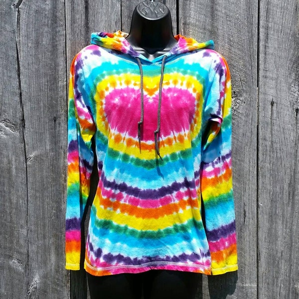 Rainbow Heart Tie Dye Hoodie, Tie Dye, S M L XL 2XL, Long Sleeve Tshirt with Hood, Hippie Hoodie, Womens Tie Dye