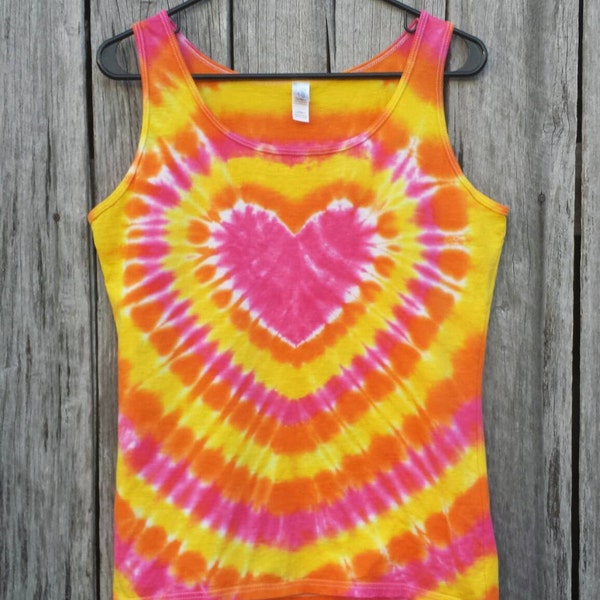 Heart Tie Dye Tank Top,  Women's Sizes S M L XL 2XL 3X 4X,  Heart Tie Dye,  Pink Orange and Yellow Tie Dye Top, Hippie Shirt