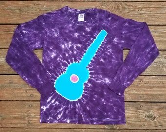 XL Long Sleeve Tie Dye Kids Shirt,  Guitar Tie Dye Tshirt,  Purple and Blue Tie Dye, Boys, Girls, Music Shirt,  Hippie Kids. Tie Dye Tee