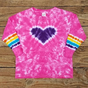 Heart Tie Dye Long Sleeve Tshirt, 3XL 4XL 5XL,  Women&#39;s Pink Rainbow Heart Shirt, Plus Size Tie Dye Shirt