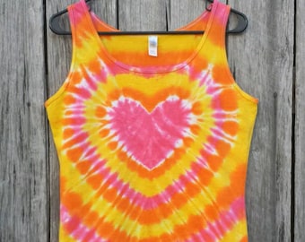 Heart Tie Dye Tank Top,  Women's Sizes XS S M L XL 2XL 3X 4X,  Heart Tie Dye,  Pink Orange and Yellow Tie Dye Top, Hippie Shirt