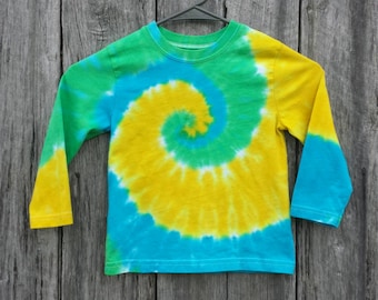 Youth Yellow Blue and Green Tie Dye Long Sleeve Shirt. XS S M L XL, Boy Tie Dye, Girls Tie Dye