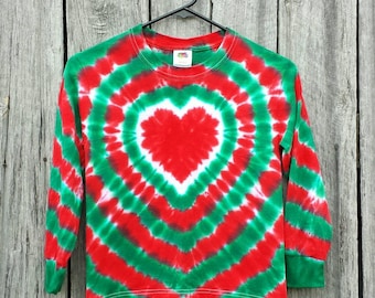 Girls Christmas Tie Dye Long Sleeve Shirt, Available Sizes S M L XL, Red and Green Heart Tie Dye, Holiday Shirt