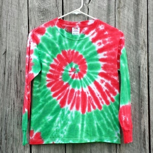 Kids Christmas Tie Dye Shirt, Youth Medium, Long Sleeve Red and Green Spiral Shirt, Ready to ship Boys Girls