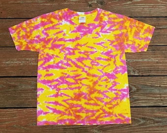 Youth Tie Dye Shirt, Kids Medium, Yellow and Pink, Boys Tshirt,  Girls Tie Dye, Summer, Hippie, Ready to Ship
