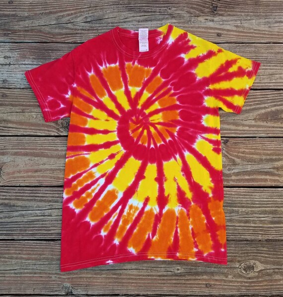 red and yellow tie dye shirt