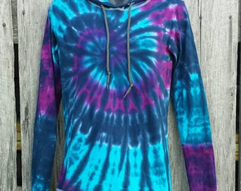 Adult Tie Dye  Long Sleeve T-shirt Hoodie, Purple Blue Spiral, S M L XL 2X 3X