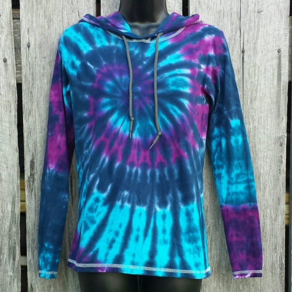 Adult Tie Dye  Long Sleeve T-shirt Hoodie, Purple Blue Spiral, S M L XL 2X 3X