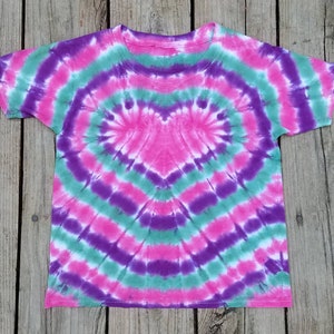 Kids Tie Dye Heart Shirt, XS S M L XL, Pink Purple and Green Tie Dye Tshirt, Hippie Kids, Girls Heart Shirt. Valentine's Day Shirt