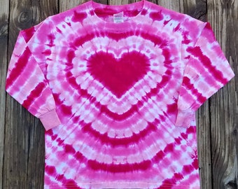 Heart Tie Dye Shirt, Girls Sizes XS S M L XL,  Pink Tie Dye Top, Long Sleeve Tie Dye,  Valentine's Day Shirt