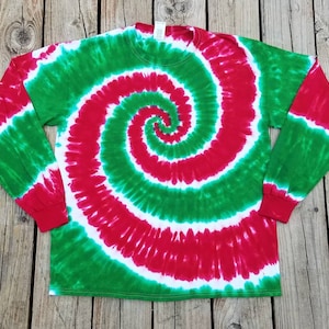 Christmas  Tie Dye Shirt, Adult Long Sleeve Shirt, S M L XL 2XL 3XL 4XL 5XL 6XL  Red and Green Spiral, Holiday, Mens, Womens Family Matching