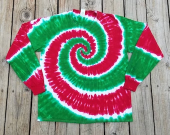 Christmas  Tie Dye Shirt, Adult Long Sleeve Shirt, S M L XL 2XL 3XL 4XL 5XL 6XL  Red and Green Spiral, Holiday, Mens, Womens Family Matching