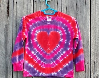 Girls long Sleeve Heart Tie Dye Shirt, Girls Sizes S M L XL,  Pink and Purple Tie Dye
