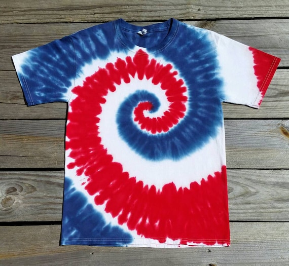 red and blue tie dye shirt