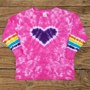Girls Heart Tie Dye Shirt, XS S M L XL, Girls Tie Dye Pink Rainbow Long Sleeve T-shirt