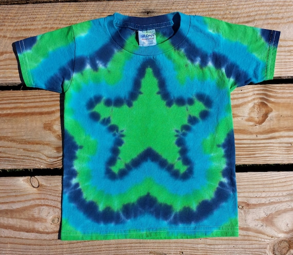 Kids Star Tie Dye Shirt, S M L XL, Lime, Turquoise and Brillant