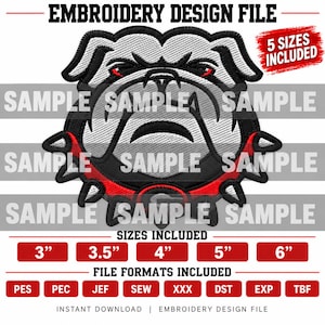 May include: An embroidery design file featuring a stylized bulldog head with a red spiked collar. The graphic includes the text EMBROIDERY DESIGN FILE, 5 SIZES INCLUDED, and lists sizes 3", 3.5", 4", 5", and 6" with various file formats like PES, PEC, JEF, SEW, XXX, DST, EXP, and TBF.